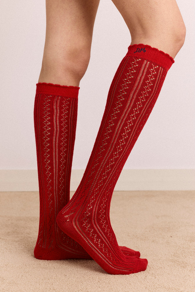 Knee High Pointelle Socks - Red