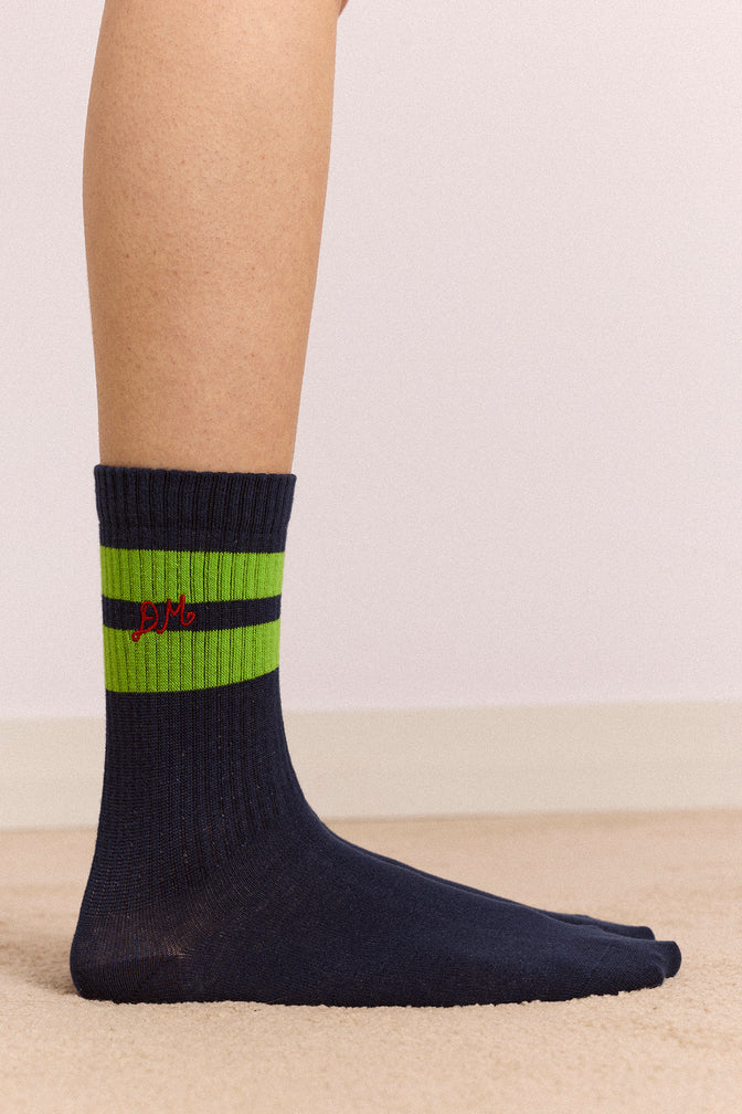 sporty calf socks - navy/lime stripe
