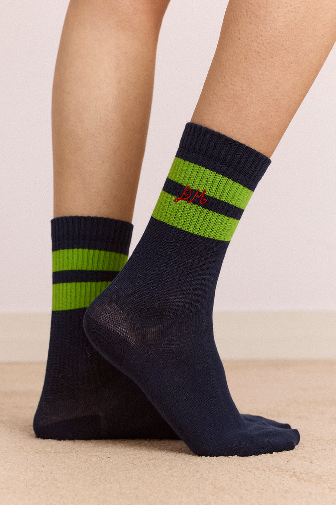 sporty calf socks - navy/lime stripe