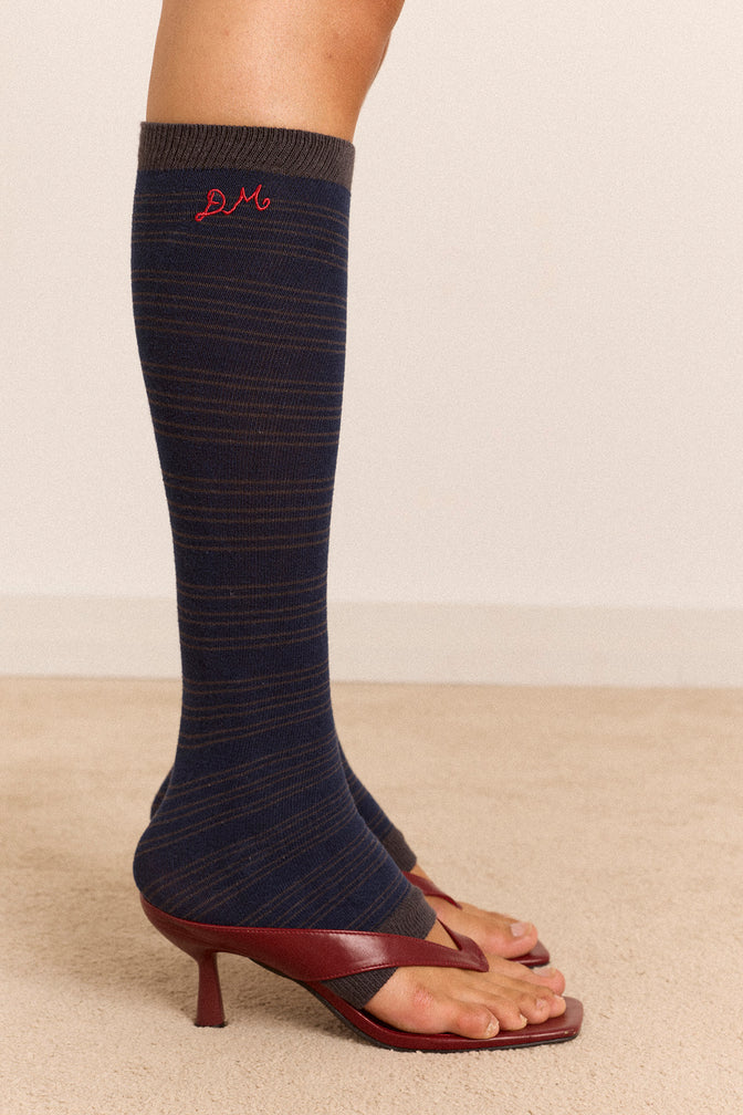 Knee Length Toeless Socks - Blue Stripe
