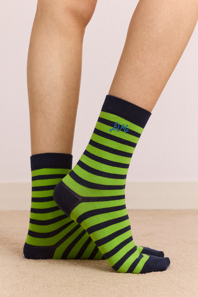 2 Pack Calf Length Socks - Navy/Green Stripe/Spot