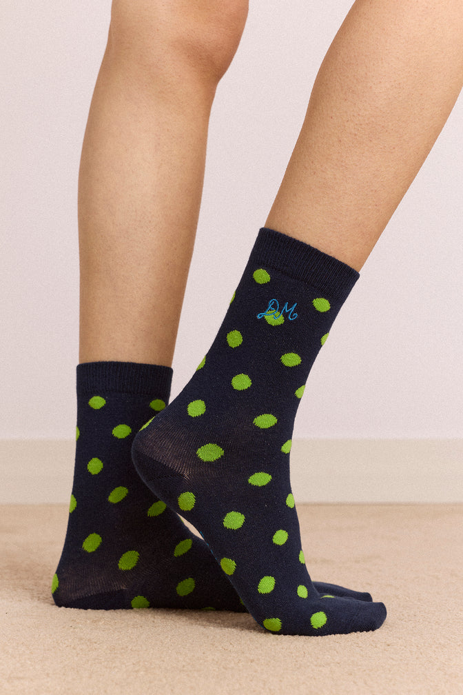 2 Pack Calf Length Socks - Navy/Green Stripe/Spot