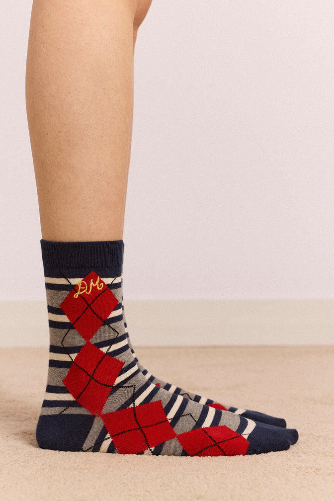 calf length socks- navy & grey marl argyle stripe
