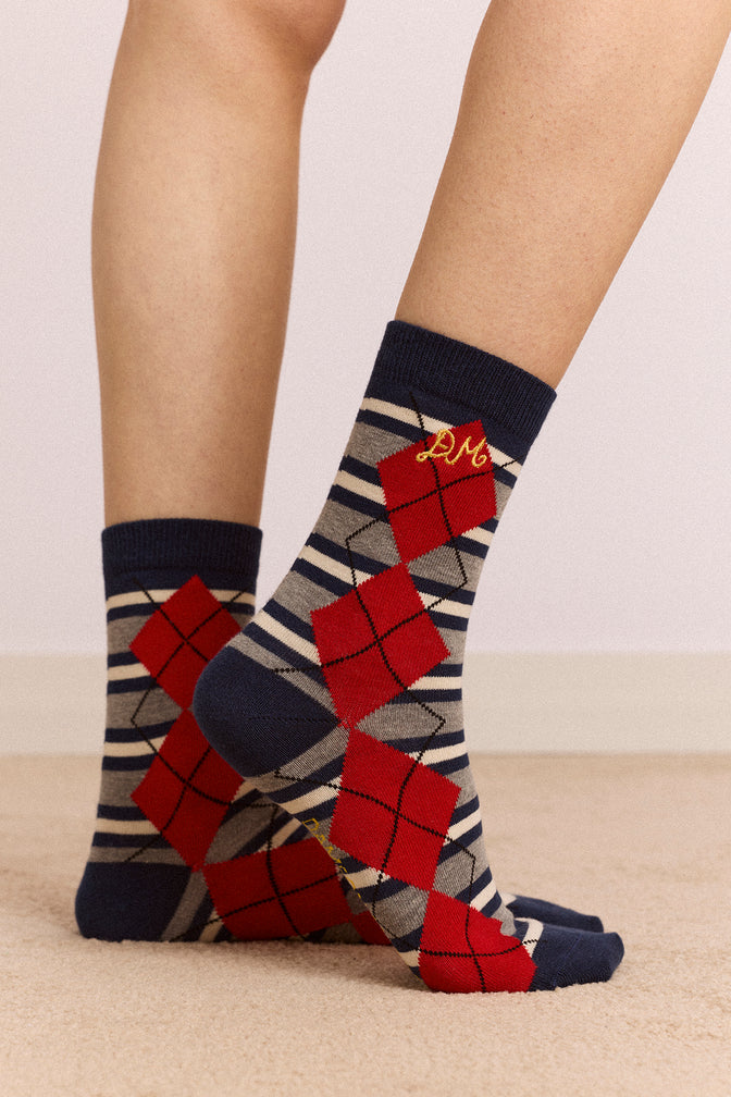 calf length socks- navy & grey marl argyle stripe