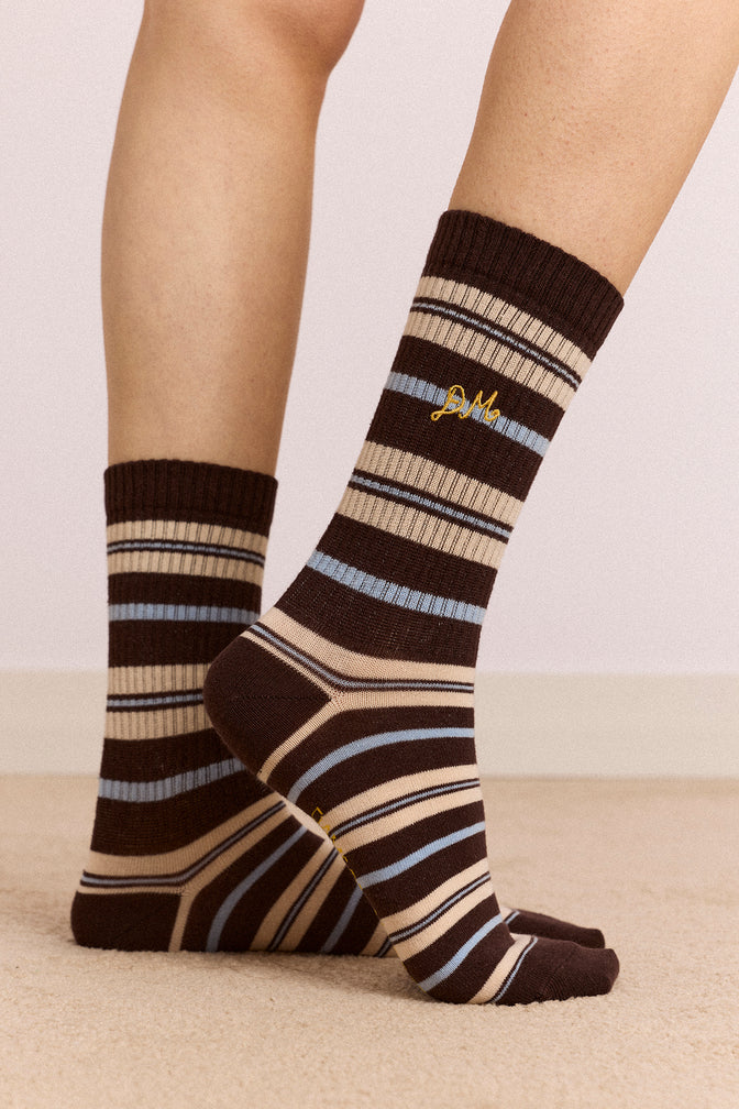 calf length socks in brown stripe