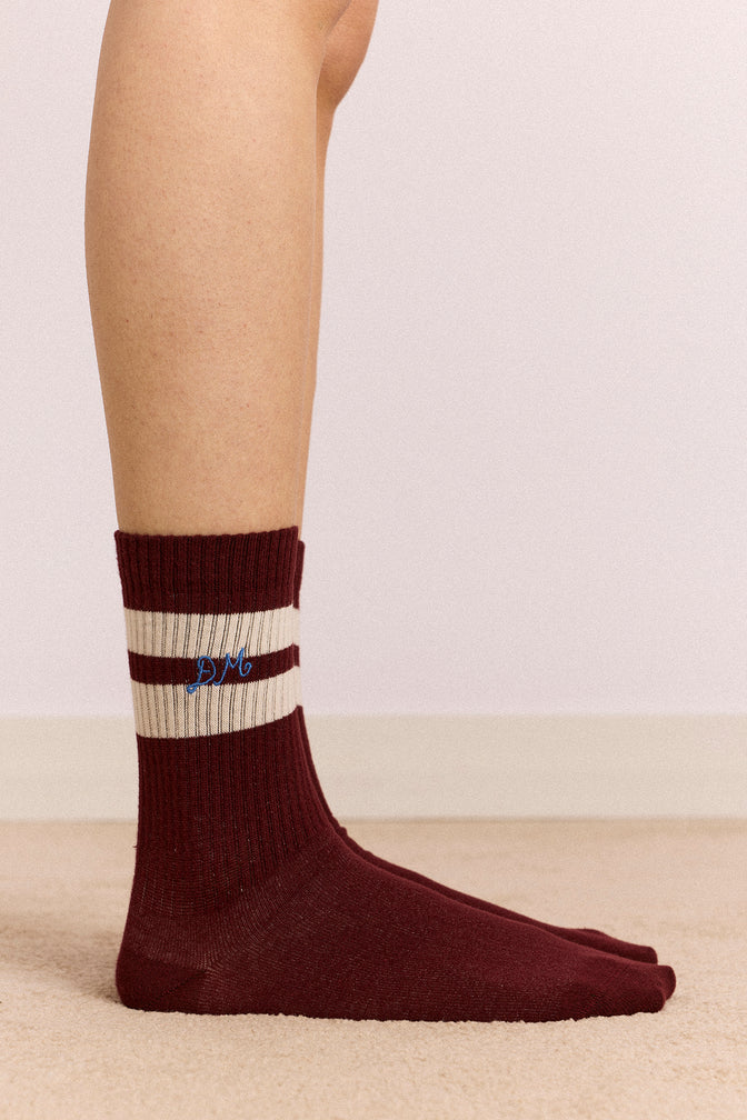 Sporty Calf Socks In Burg & Ecru Stripe