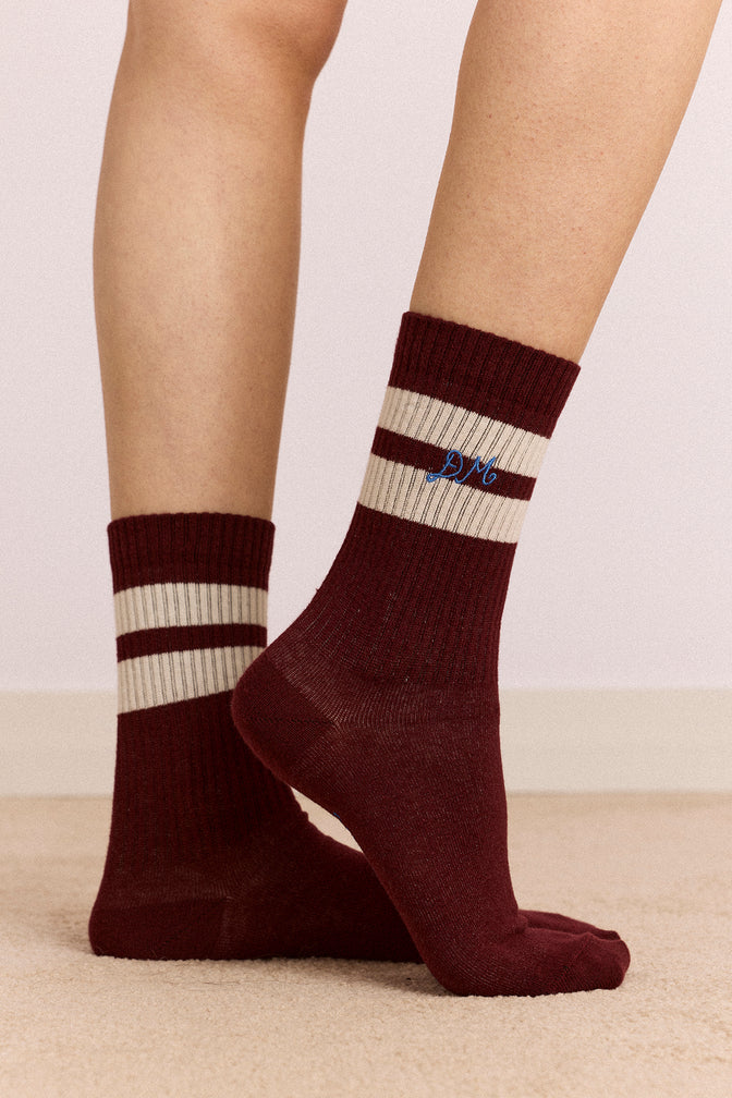 Sporty Calf Socks In Burg & Ecru Stripe