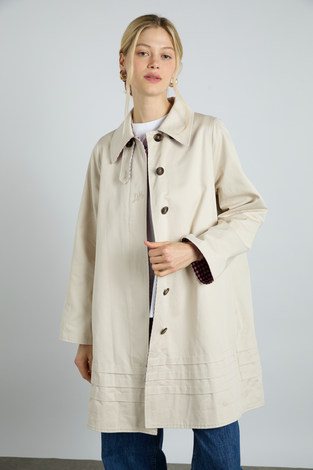 mercedes bow reversible trench ecru gingham coat – Damson Madder