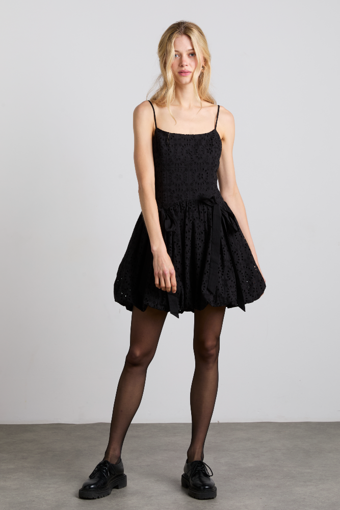 Penelope Embroidered Bubble Hem Mini Dress - Black Broderie