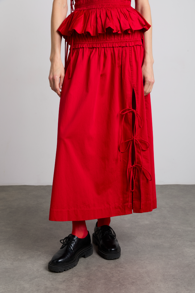 charlotte cotton satin midi skirt - cherry