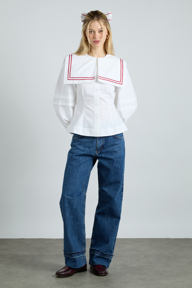 elise blouse - white with red piping