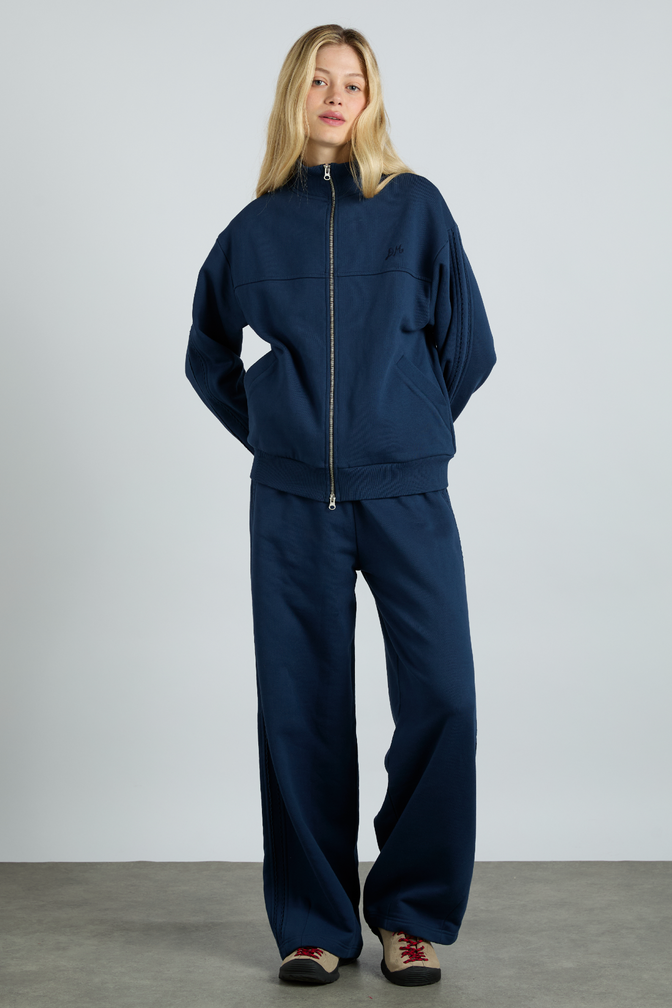 Andie Zip Sweat With  Crochet Stripe - Navy
