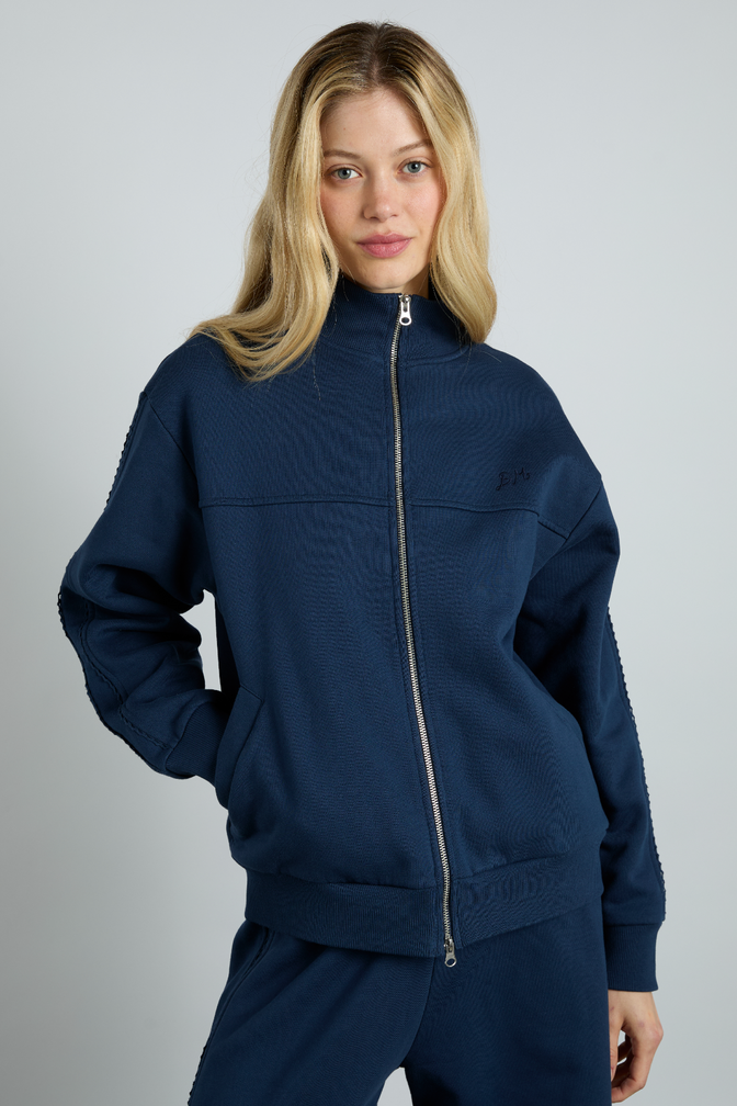 Andie Zip Sweat With  Crochet Stripe - Navy