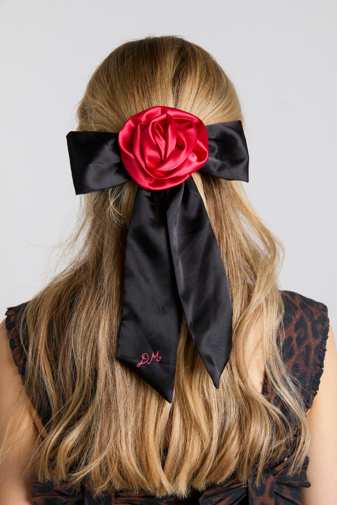 Rosette Bow Clip - Black & Red Satin