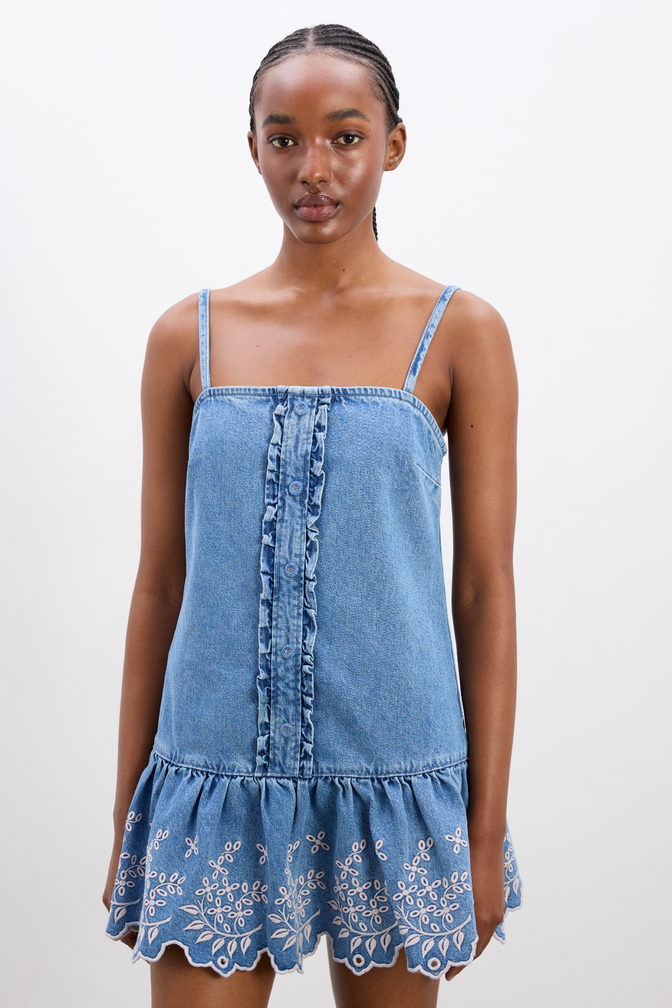 Lana Mini Dress - Embroidered Denim