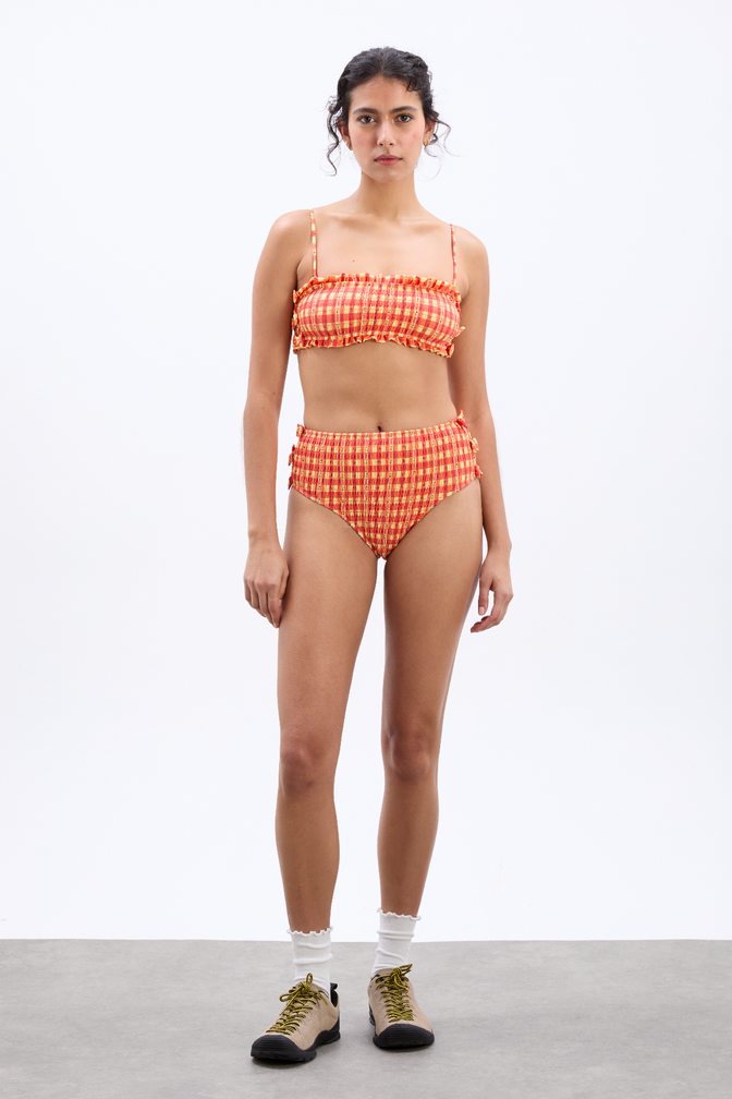 Shirred Bow Bikini Top - Orange Gingham