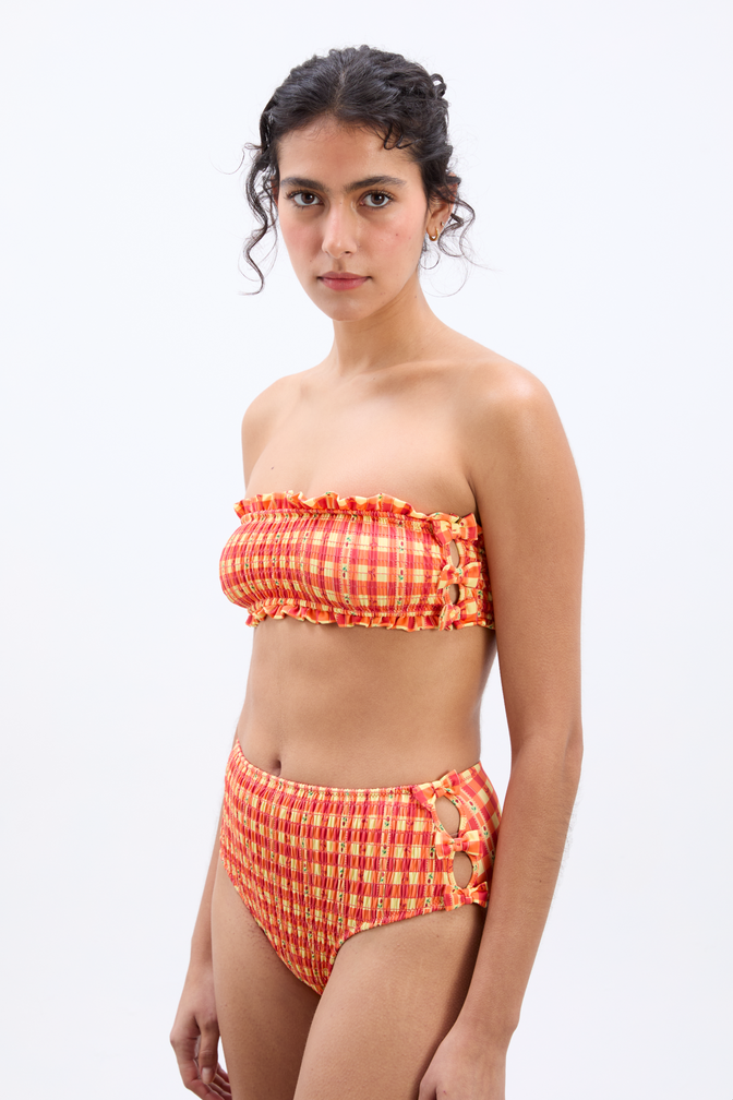 Shirred Bow High Bikini Bottoms - Orange Gingham