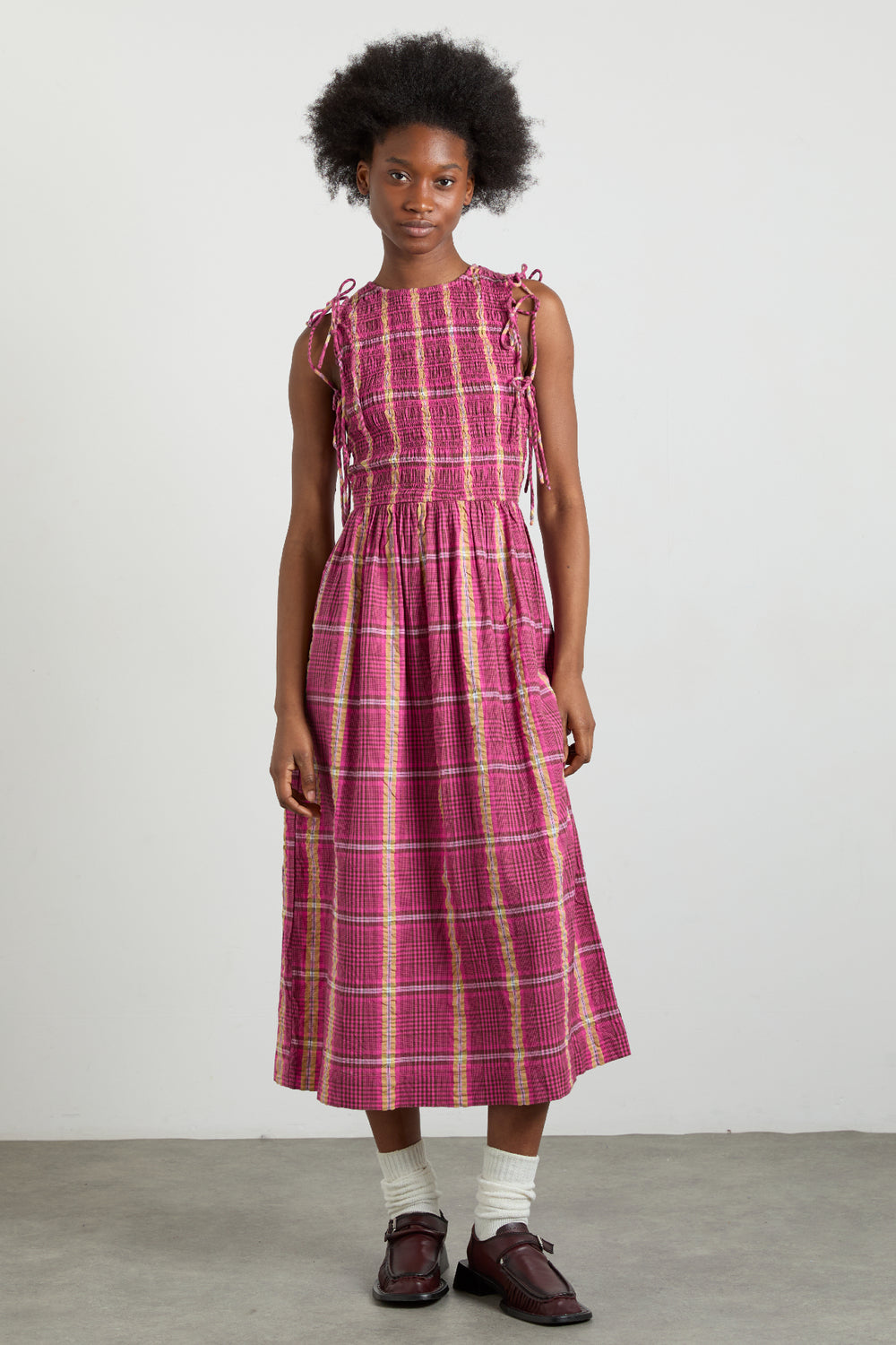 damson madder red gingham dress Damson Madder Dakota Red Gingham Bow Midi Dress