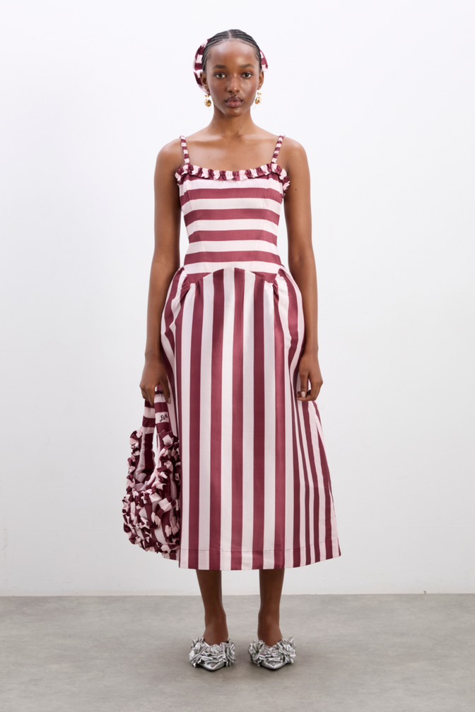 Rachel Ruffle Midi Dress- Pink Burg Stripe