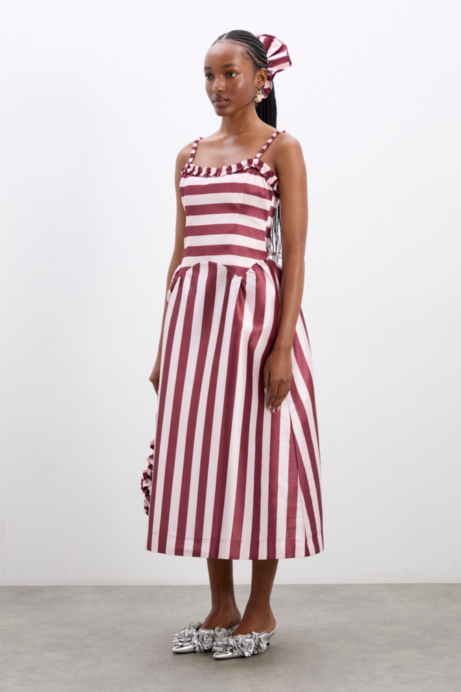 Rachel Ruffle Midi Dress- Pink Burg Stripe