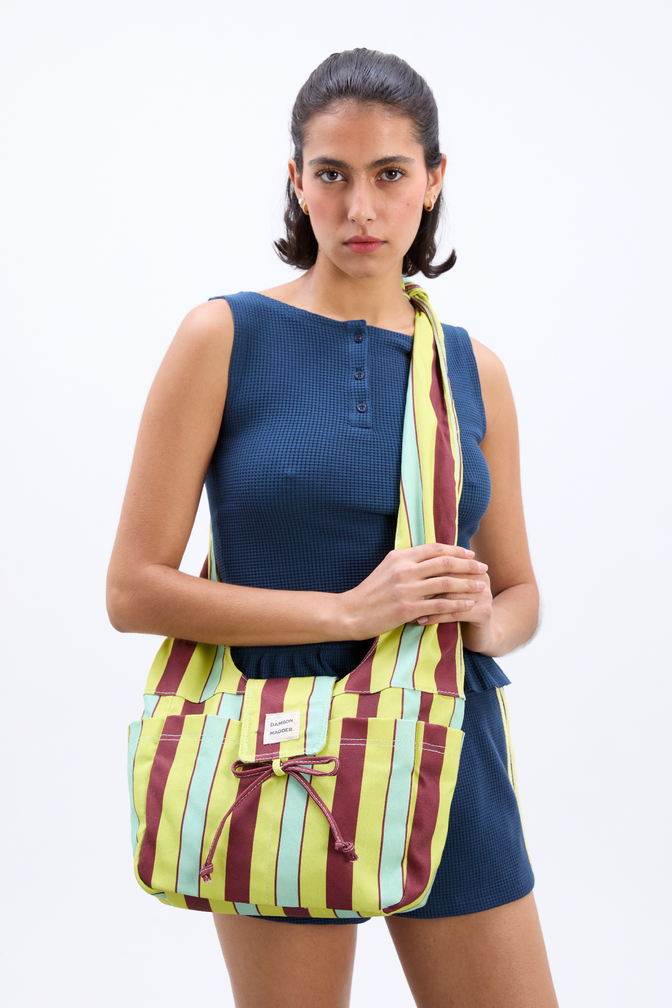 tati beach canvas bag in lime stripe