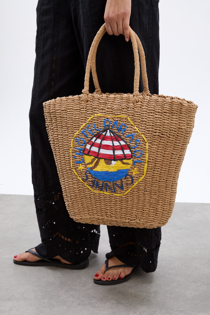 Straw Market Bag With L'Hotel Embroidery