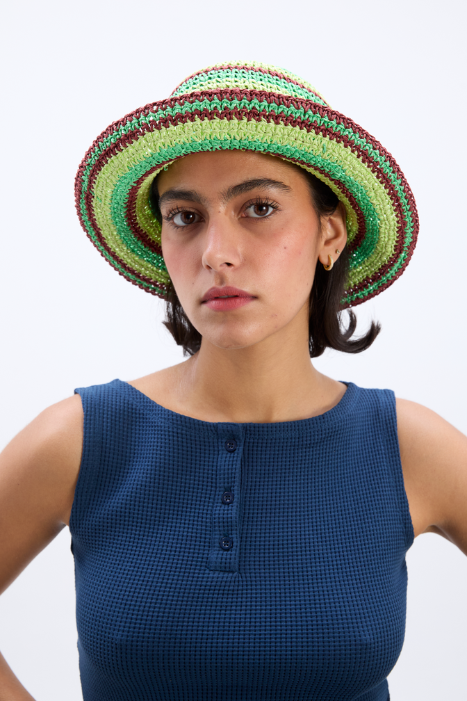 Raffia Bucket Hat In Tropical Stripe