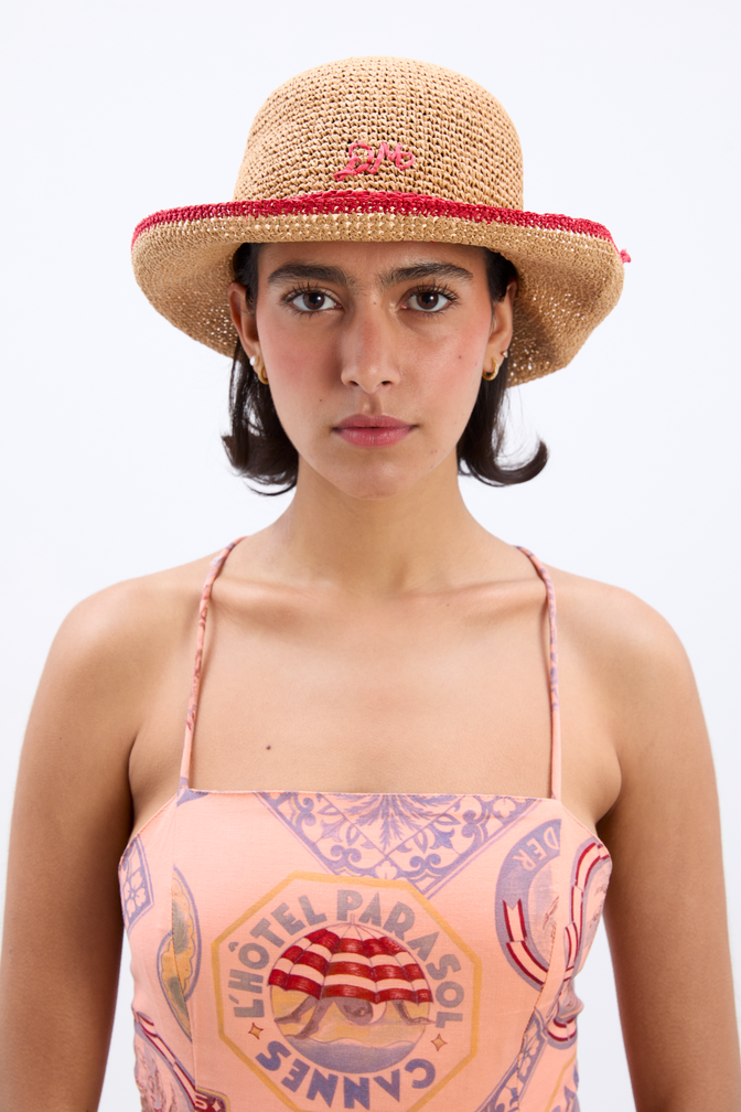 Roll Back Raffia Hat With Red Bow Detail