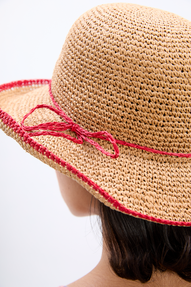 Roll Back Raffia Hat With Red Bow Detail