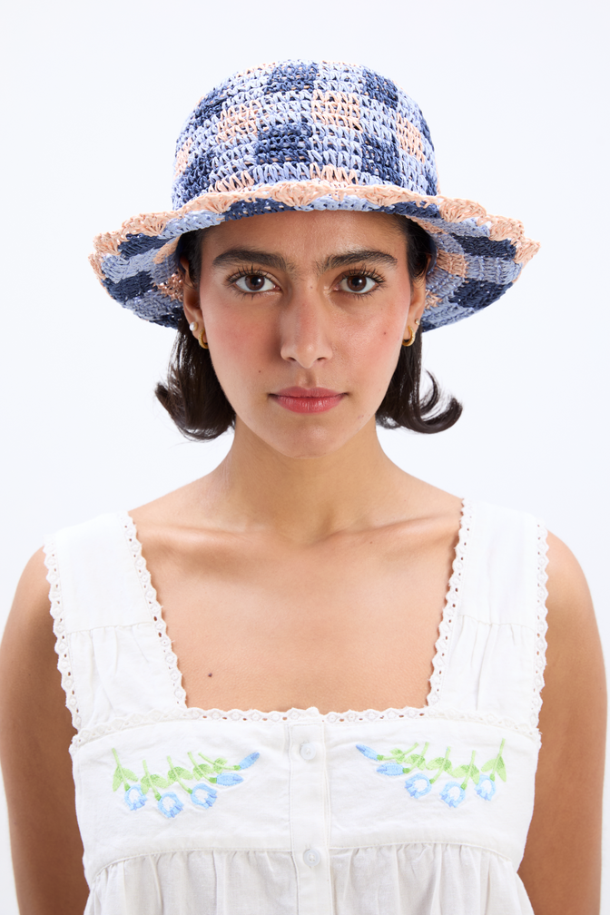 Gingham Straw Bucket Hat In Navy & Pale Pink