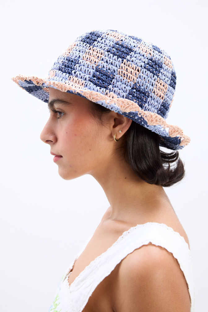 Gingham Straw Bucket Hat In Navy & Pale Pink