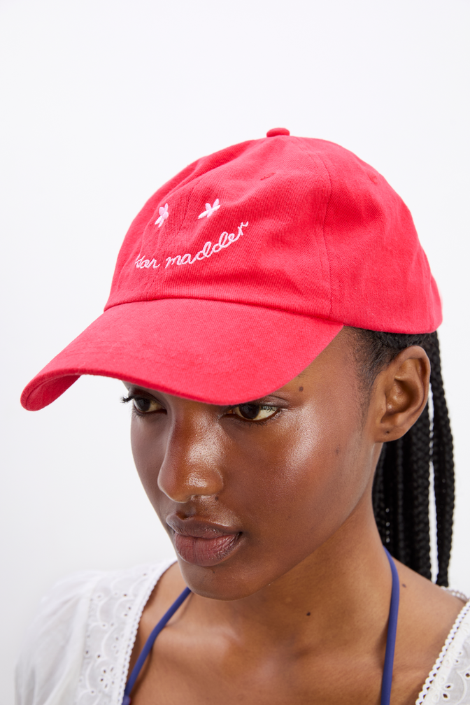 washed smiley cap in red with pink embroidery