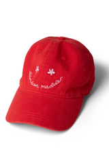 washed smiley cap in red with pink embroidery