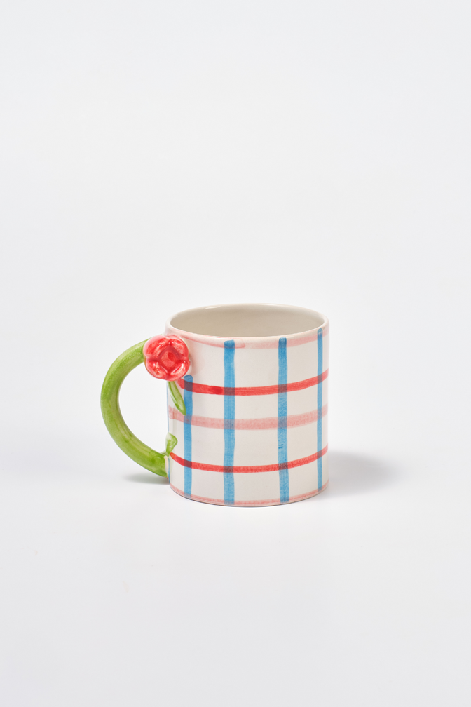 hand painted tulip handle mug - check