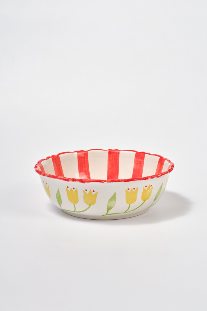 hand painted frilly large bowl - bold red stripe