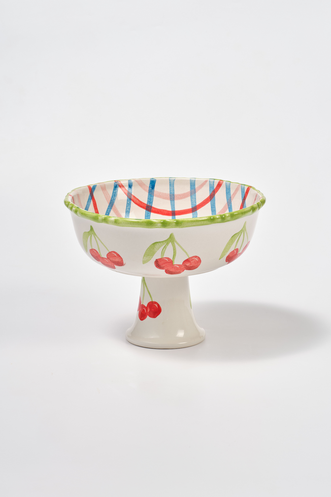hand painted frilly pedestal bowl - check