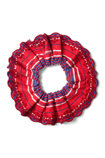 embroidered scrunchie in red stripe