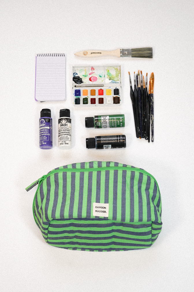 quilted make up bag - navy pop green stripe