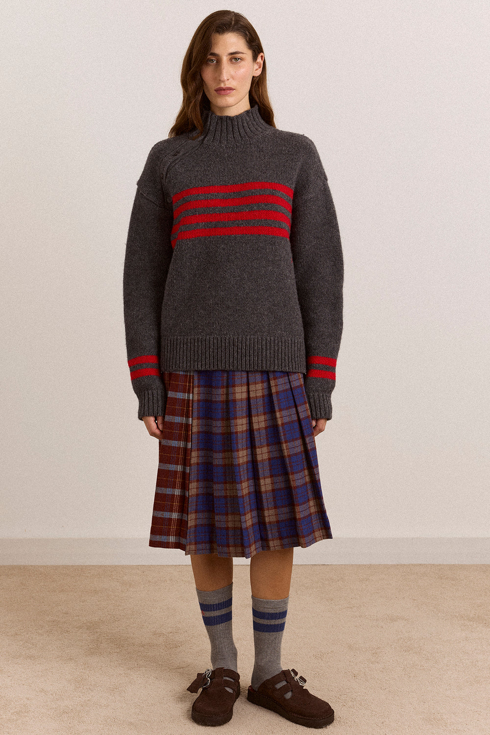 Tallulah High Neck Lambswool Jumper - Charcoal/Red
