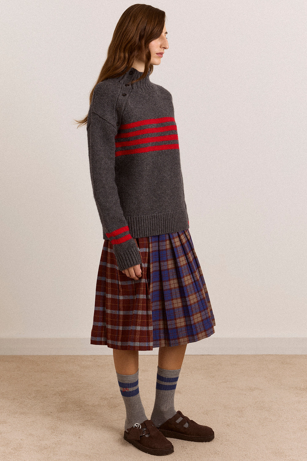 Tallulah High Neck Lambswool Jumper - Charcoal/Red