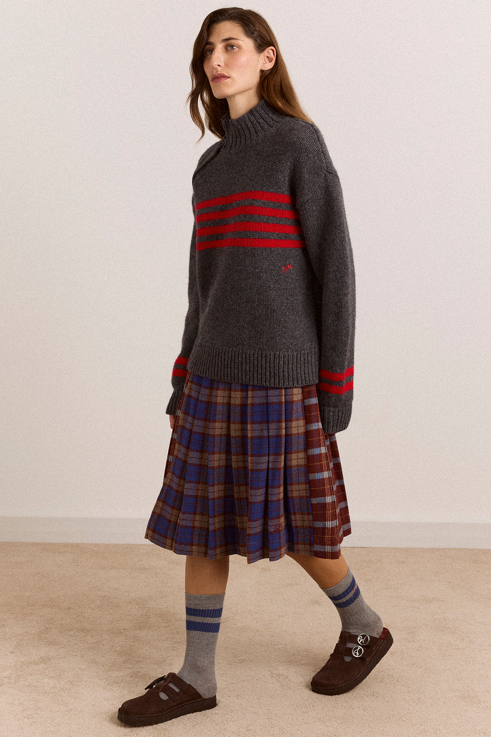 Tallulah High Neck Lambswool Jumper - Charcoal/Red