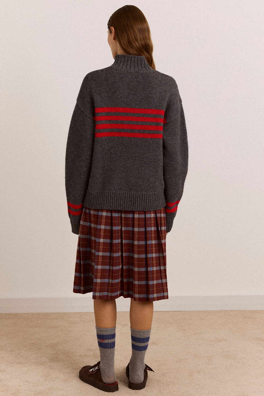Tallulah High Neck Lambswool Jumper - Charcoal/Red