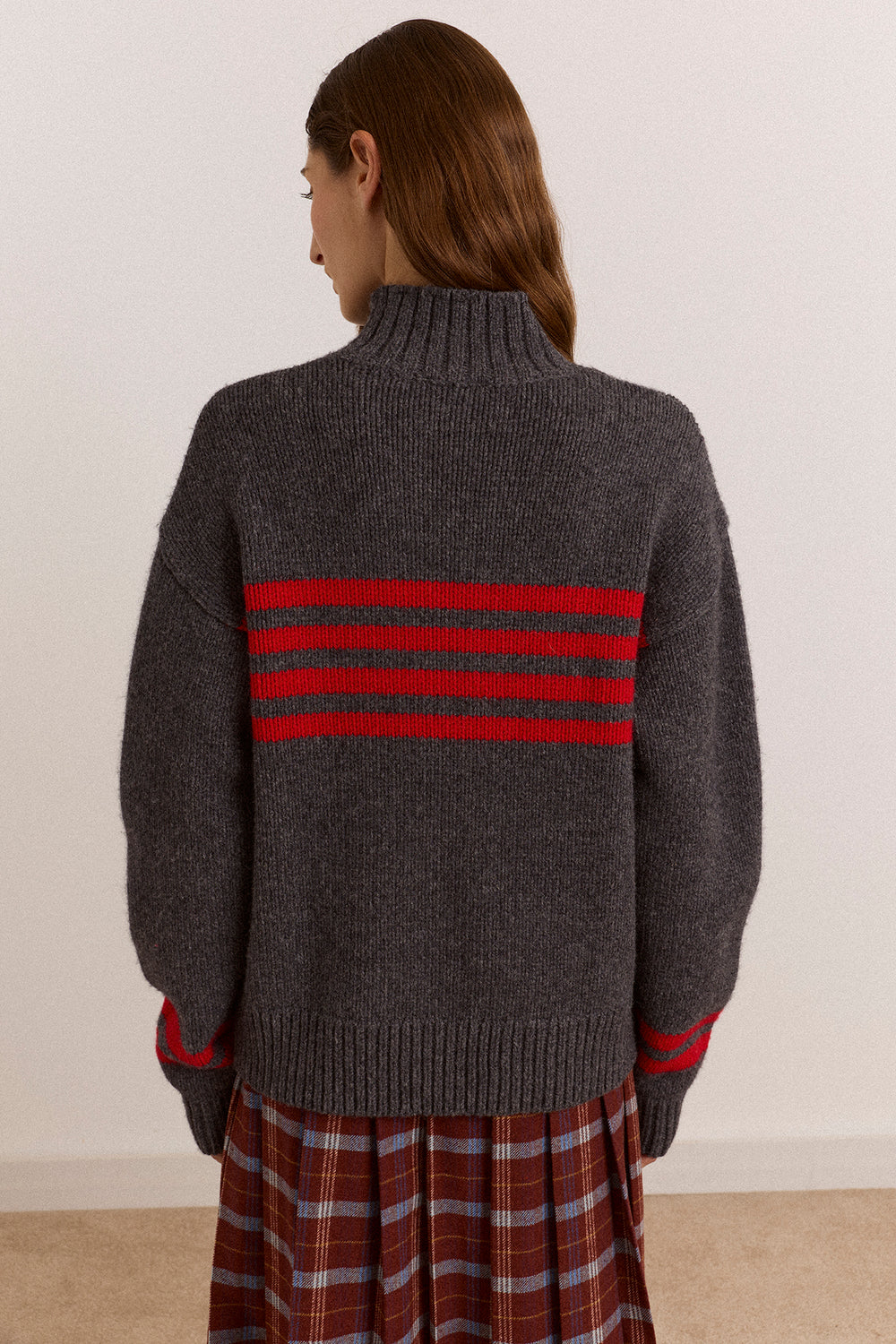 Tallulah High Neck Lambswool Jumper - Charcoal/Red