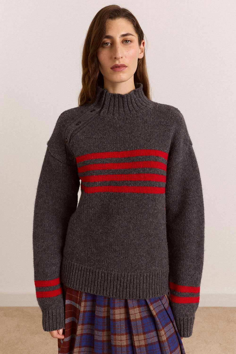 Tallulah High Neck Lambswool Jumper - Charcoal/Red