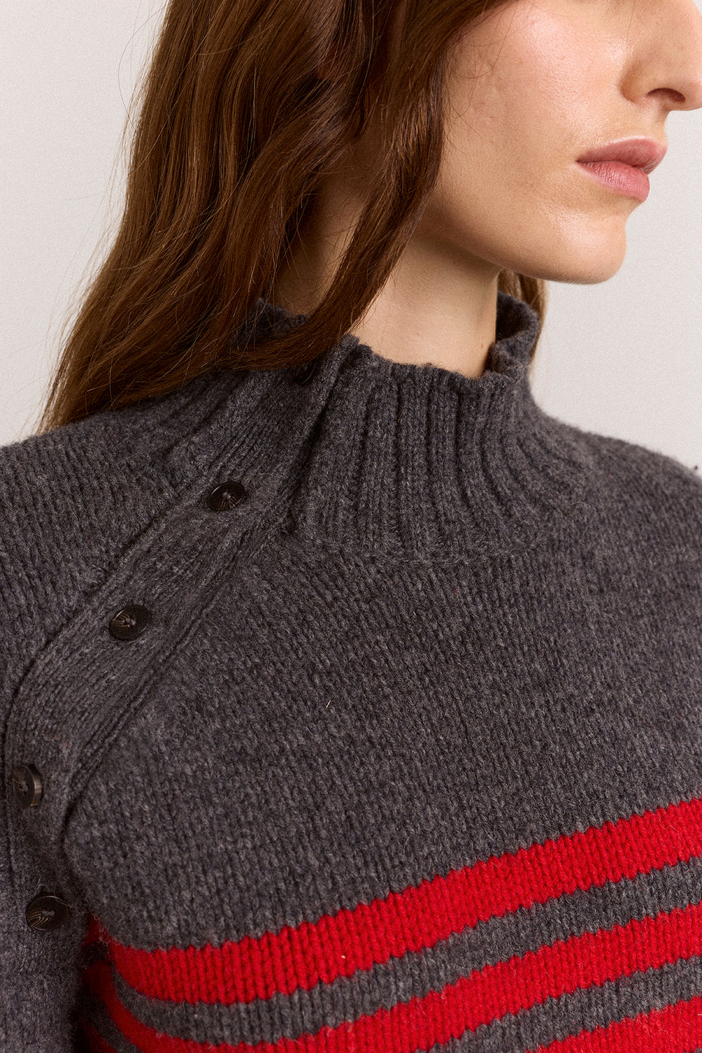 Tallulah High Neck Lambswool Jumper - Charcoal/Red