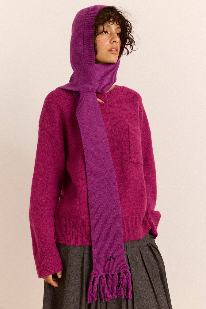 Wool Hooded Scarf With Tassels - Magenta