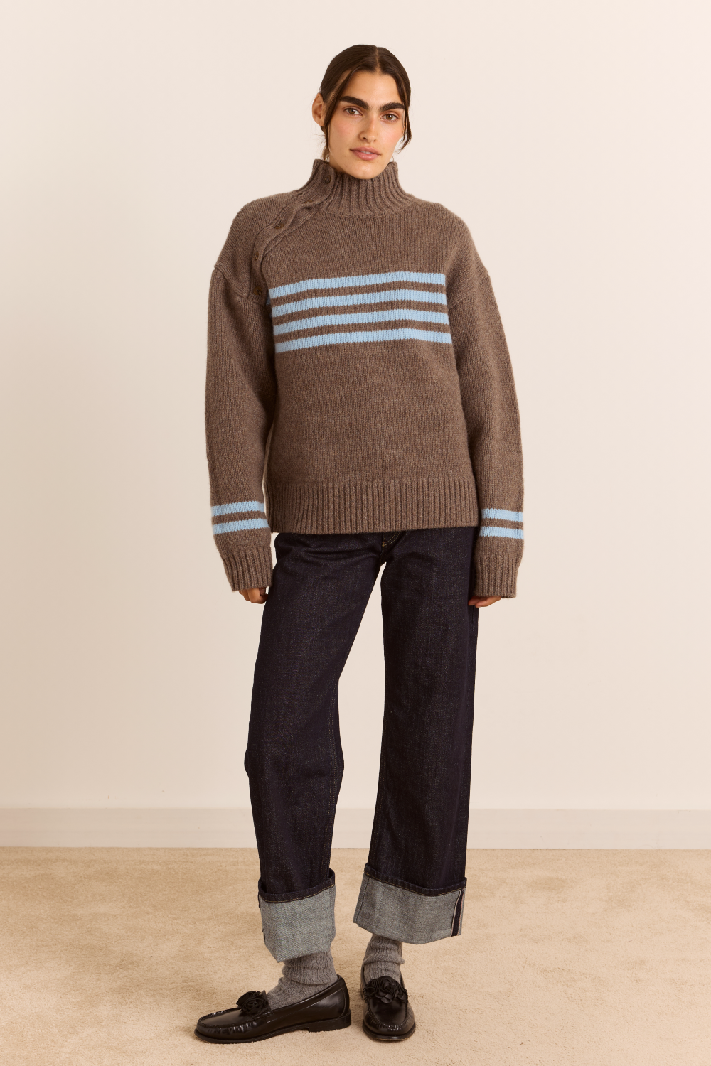 Tallulah High Neck Lambswool Jumper - Brown/Blue