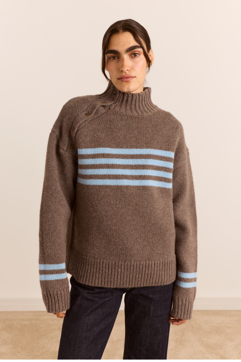Tallulah High Neck Lambswool Jumper - Brown/Blue