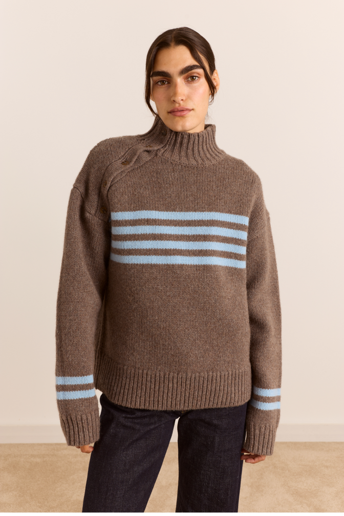Tallulah High Neck Lambswool Jumper - Brown/Blue