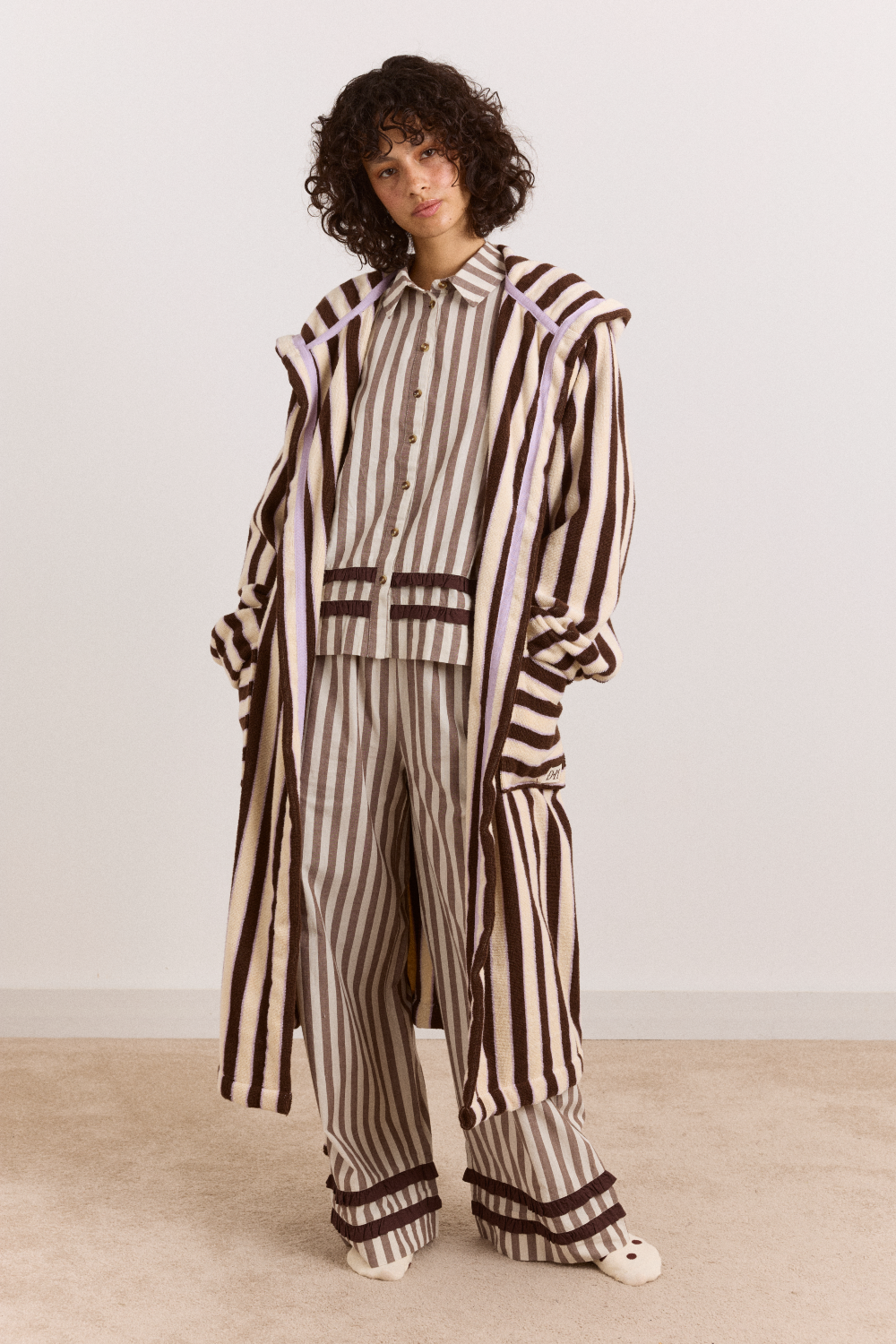 Towelling Robe With Hood - Choc Ecru Stripe
